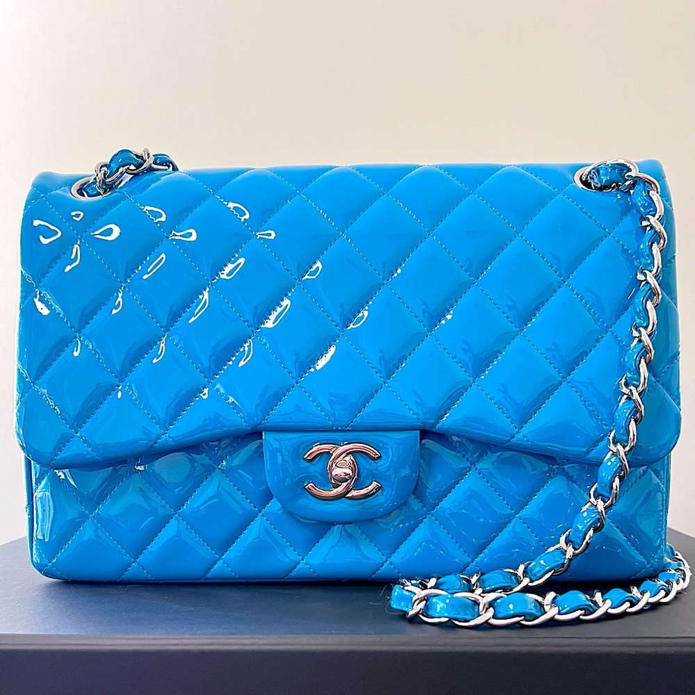 Chanel Blue Quilted Patent Leather Classic
Jumbo Double Flap Bag